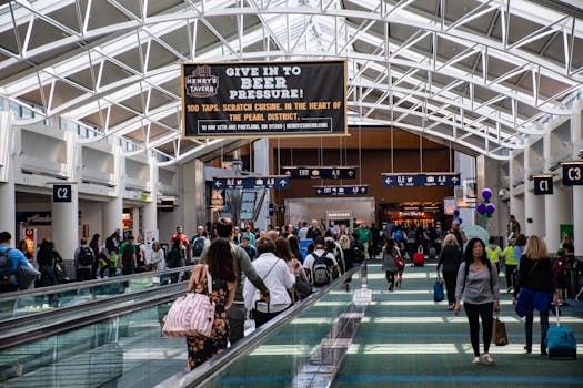 Crowds of people walking through a modern airport terminal, vibrant travel atmosphere.